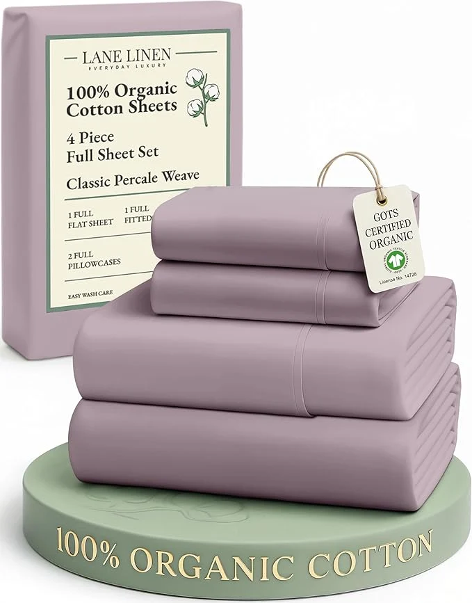 Secure LANE LINEN Eco Friendly Organic Cotton Bed Sheets Full Size Fully Elasticized Reinforsed Seams Machine Washable Naturally Cooling Full Sheet Deep Pocket Bedding- Lilac Solid