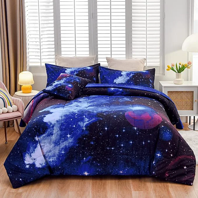 Safe A Nice Night Galaxy 6Pcs Bedding Sets Outer Space Comforter Bed in a Bag 3D Printed Quilt for Children Boy Girl Teen Kids Full 6Pcs Original Design