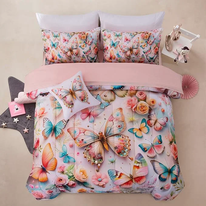 Genuine A Nice Night 6pcs Bed in A Bag Pink and Blue Dreamy 3D Various Butterfly Printed Colorful Butterflies Flying in Flower Design Bedding Full Comforter Set for Girls Kids Teens Smart