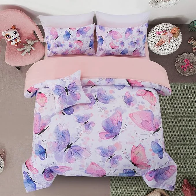 Elegant A Nice Night 6pcs Full Bed in A Bag Watercolor Ink Wash Tie-Dye Butterfly Printed Butterflies Flying Bedding Comforter Set Purple Environmentally Friendly