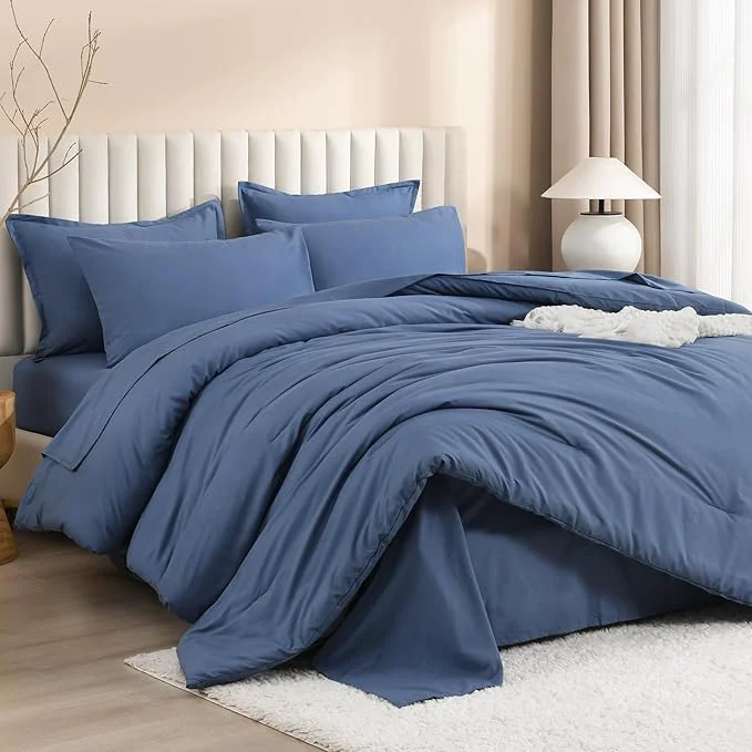 High-Grade Litanika California King Comforter Set Ocean Blue - 7 Pieces Bed in a Bag Cal King Bedding Comforter Sets Plain Lightweight Bed Set with Comforter Sheets Pillowcases amp Shams Certified