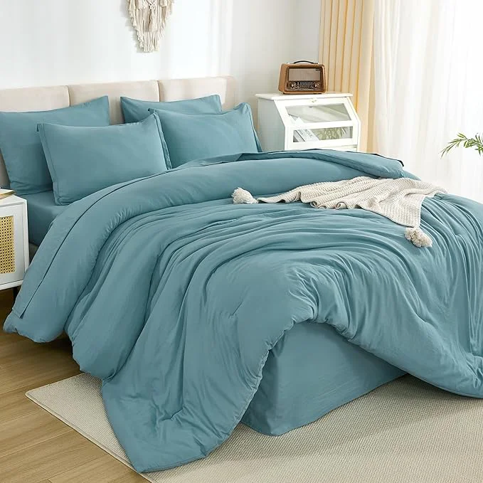 Easy-to-Use Litanika Oversized Queen Size Comforter Set Grayish Teal - 7 Pieces Bed in a Bag Oversized Beddding Sets Solid Lightweight Bed Set with Comforter Sheets Pillowcases amp Shams Exceptional