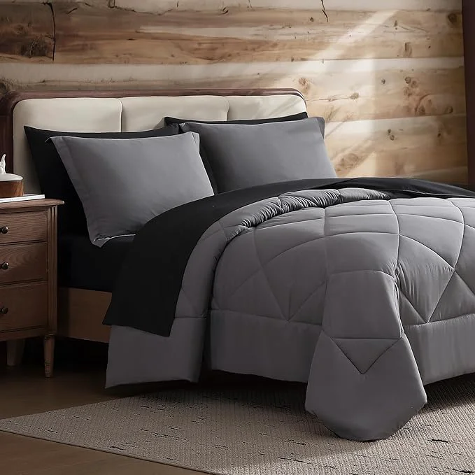 Secure Coleman Comforter Set Full Size Reversible Bed-in-a-Bag– Double-Sided Color Options All-Season Comforter Shams Sheets – for Home Cabin or Camp Use Black Gray Solid