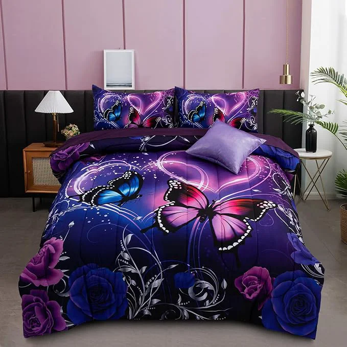 Soft A Nice Night Galaxy 6pcs Bed in A Bag Purple and Blue Dreamy 3D Butterfly Printed Butterflies Bedding Twin Comforter Set for Girls Kids Teens Clean