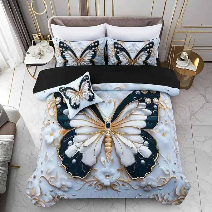 Convenient A Nice Night Full 6pcs Bed in A Bag Black and Glod Dreamy 3D Butterfly Pearl Flower Design Butterflies Printed Bedding Full Comforter Set for Girls Kids Teens Advanced