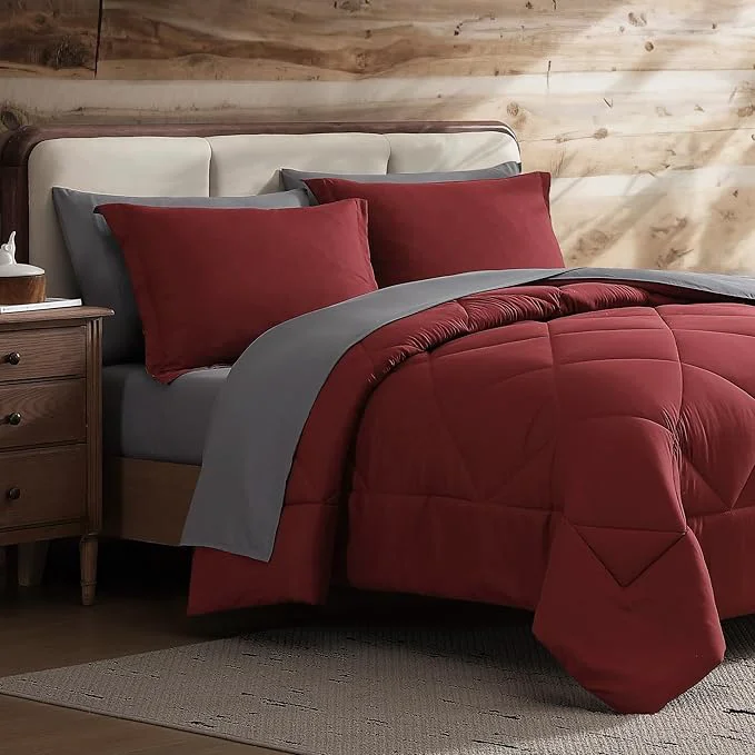 Luxury Coleman Queen Comforter Set Reversible Bed-in-a-Bag– Double-Sided Color Options All-Season Comforter Shams Sheets – for Home Cabin or Camp Use Burgundy Gray Contemporary