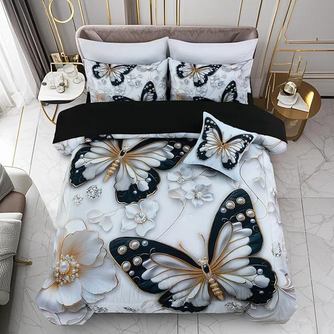 Casual A Nice Night 6pcs Bed in A Bag Black and Glod Dreamy 3D Butterfly Printed with Pearl Flower Design Butterflies Bedding Full Comforter Set for Girls Kids Teens Premium Material