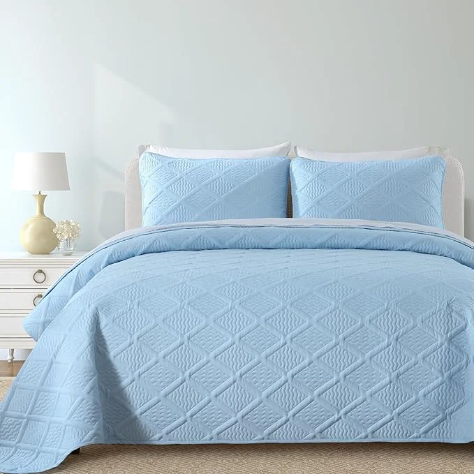 Solid Yiran Ash Blue Quilt Set Queen Size 3 Piece Reversible Bedspreads Bedding Set Fall Diamond Pattern Coverlet for All Season with 2 Pillow Shams Full Queen 96x90 Inch Comfortable
