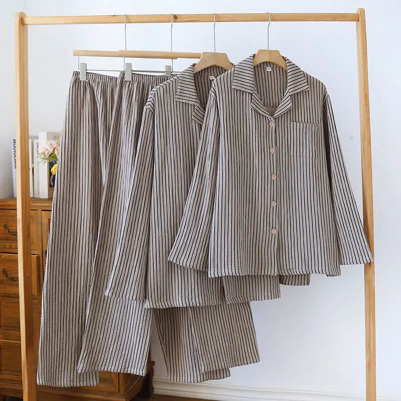Convenient Ownkoti Pure Cotton Simple Striped Loungewear Set Minimalist