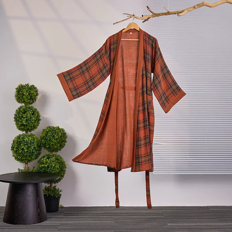Premium Ownkoti Vintage Plaid Cotton Gauze Kimono Robe Casual