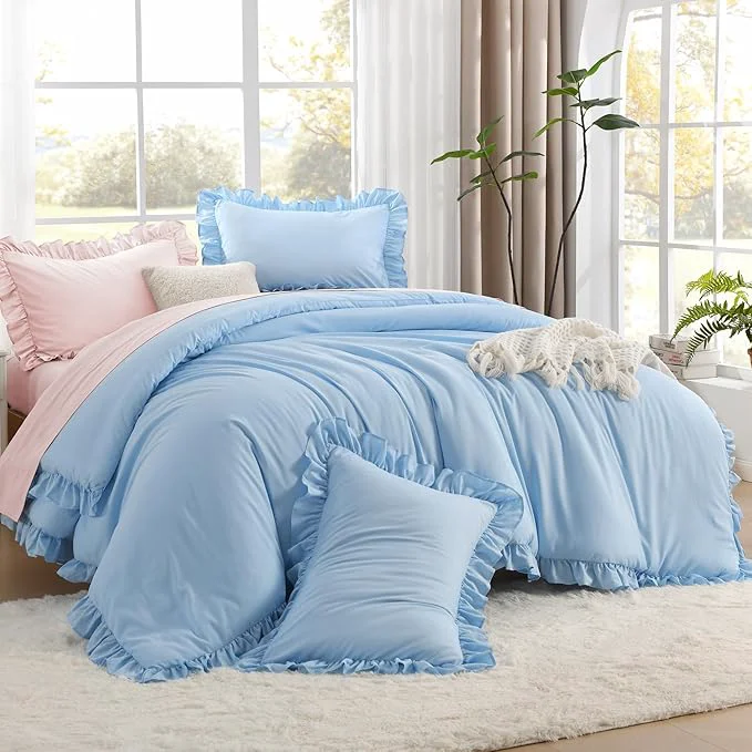 Luxury Litanika Light Blue Queen Comforter Set 3 Pieces Ruffle Farmhouse Aesthetic Bedding Comforter Set All Season Soft Lightweight Fluffy Microfiber Bed Set 90x90In Comforter 2 Pillowcases Quality