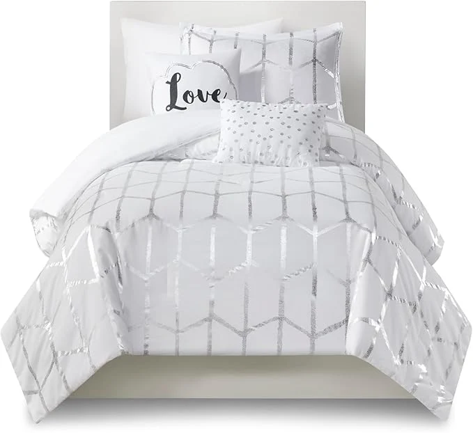 Comfortable Intelligent Design Raina Twin Twin XL Comforter Set Soft Microfiber Comforter Set Twin Modern Geometric Metallic Bed Set 4 Pieces College Bedding Comforter Set with 1 Sham 2 Toss Pillows White Genuine