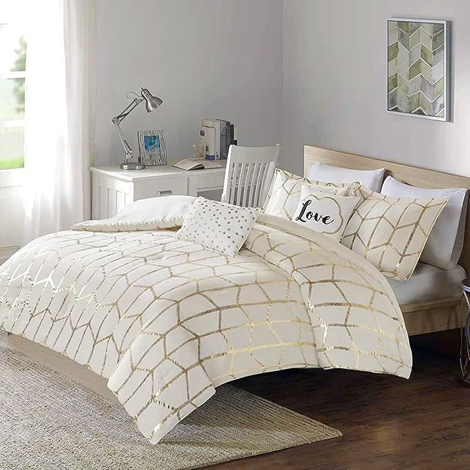 Selected Intelligent Design Raina King Cal King Comforter Set Soft Microfiber Modern Geometric Metallic Bed Set 5 Pieces College Bedding with 2 Shams 2 Toss Pillows Ivory Gold Detailed