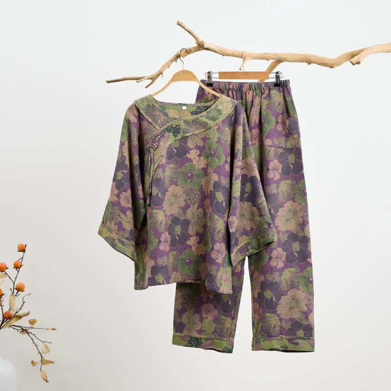 Efficient Ownkoti Peach Blossom Oriental Tassel Cotton Pajamas Elegant