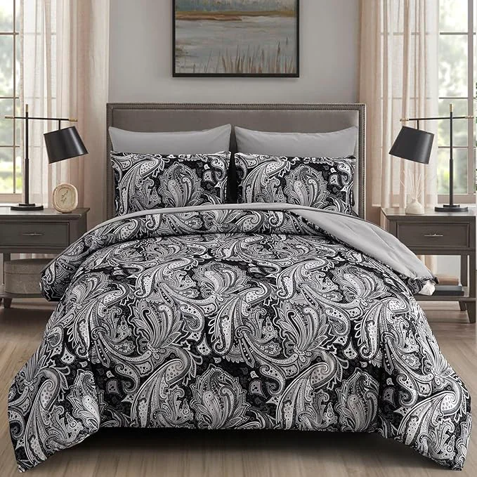 Healthy DJY Black Paisley Comforter Set King Size 7 Piece Bed in a Bag Black Gray Boho Paisley Pattern Comforter Set Soft Lightweight Microfiber Reversible Bedding Set for All Season 104 39 39 x90 39 39 Convenient