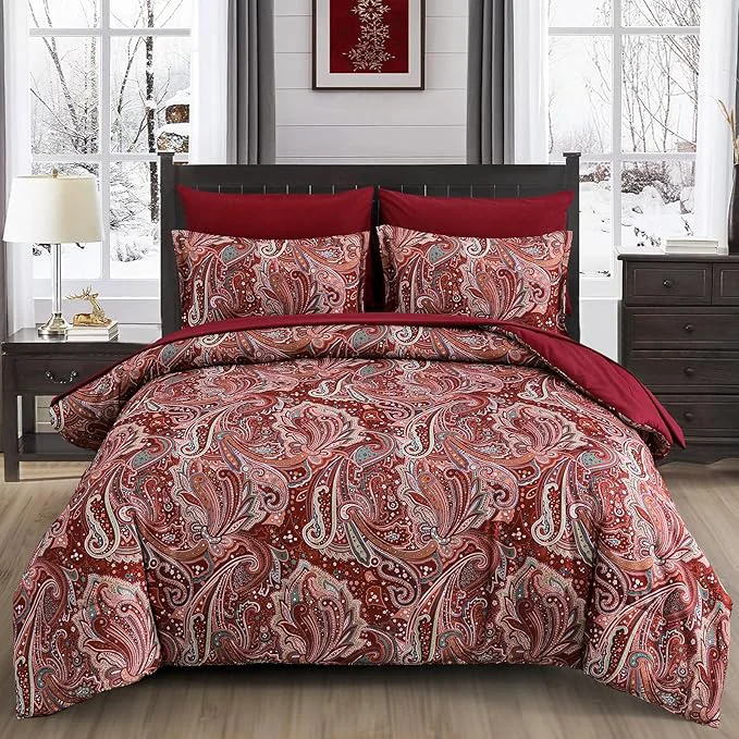 Elite DJY Red Paisley Comforter Set California King Size 7 Piece Bed in a Bag Boho Paisley Pattern Comforter Set Soft Lightweight Microfiber Reversible Bedding Set for All Season 106 39 39 x96 39 39 Recyclable