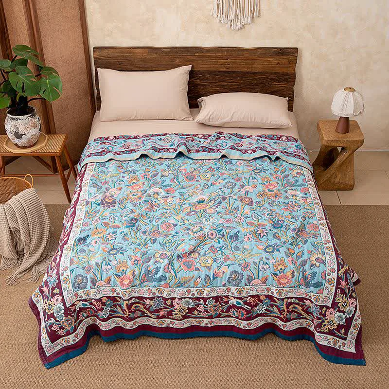 Minimalist Ownkoti Blue Floral Cotton Gauze Quilt Official