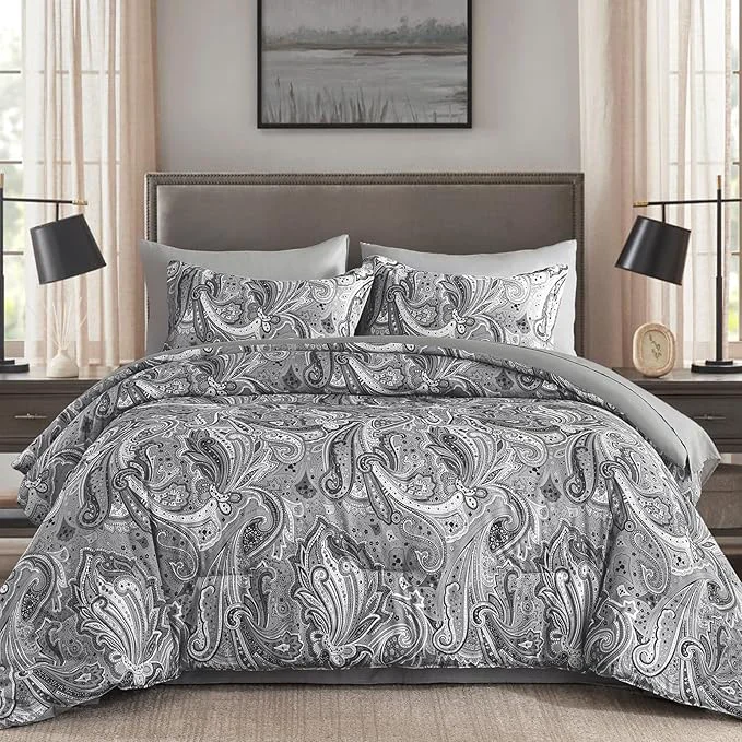Quality DJY Grey Paisley Comforter Set Queen 7 Piece Boho Paisley Dark Gray Bed in a Bag Comforter Set Soft Microfiber Complete Bedding Set for All Season 90 39 39 x90 Clean
