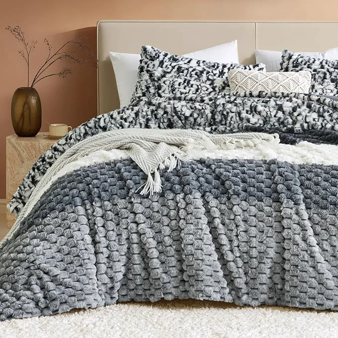 Environmentally Friendly Petrichor Fluffy Queen Comforter Set - Black and White Striped Faux Fur Blanket for Queen Bed Ultra-Soft Warm Bedding for Winter amp Fall Cozy 3 Piece Bed Set 1 Comforter amp 2 Pillowcases High-End