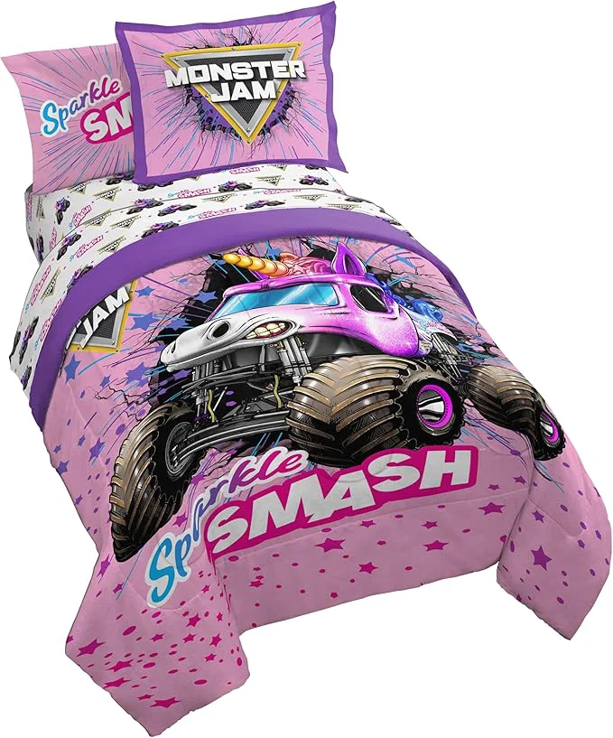 Detailed Jay Franco Kids Comforter Set Includes Sheets and Pillow Covers - Soft and Cozy Bed Set for Stylish Room Decor Pink - Monster Jam 5 Piece Twin Bedding Practical