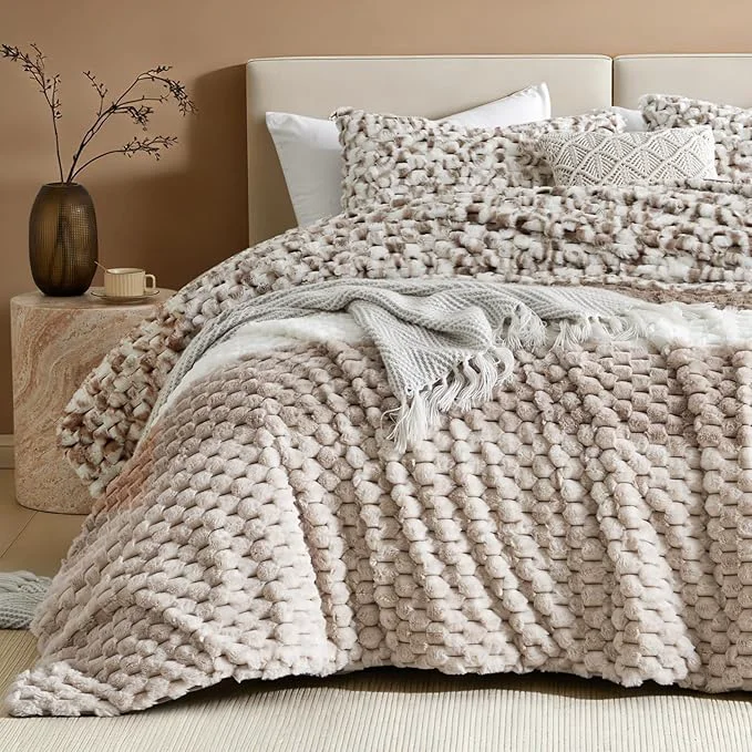Exclusive Petrichor Fluffy Queen Comforter Set - Taupe and White Striped Faux Fur Blanket for Queen Bed Ultra-Soft Warm Bedding for Winter amp Fall Cozy 3 Piece Bed Set 1 Comforter amp 2 Pillowcases Official
