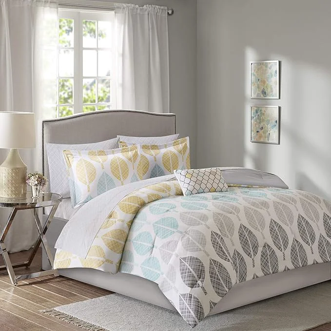 Dependable Madison Park Essentials Central Park Bed in a Bag Comforter Vibrant Color Design All Season Down Cover with Complete Cotton Sheet Set Queen 90 quot x90 quot Leaf Yellow Aqua Secure