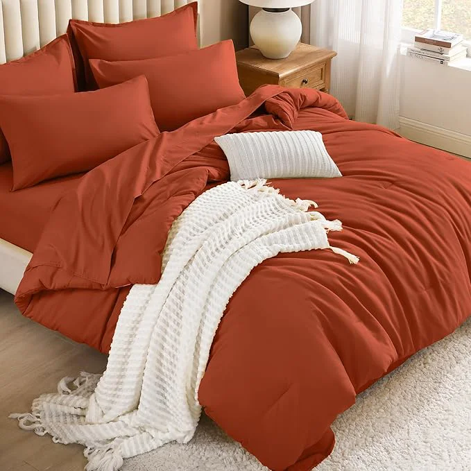 Premium Material Litanika Burnt Orange Comforter King Size Set - 7 Pieces Terracotta Bed in a Bag King Bedding Comforter Sets Plain Lightweight Bed Set with Comforter Sheets Pillowcases amp Shams Reliable