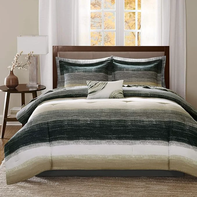 Fashionable Madison Park Essentials Full Comforter Set Bed in a Bag Full Watercolor Print Coastal Comforter amp Chambray Cotton Sheet Set All Season Bedding Set Saben Taupe Full 78 in x 86 in 9 Piece Premium Material