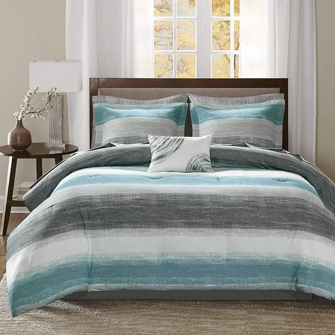 Specialty Madison Park Essentials King Comforter Set Bed in a Bag King Watercolor Print Coastal Comforter amp Chambray Cotton Sheet Set All Season Bedding Set Saben Aqua King 104 in x 92 in 9 Piece Lightweight