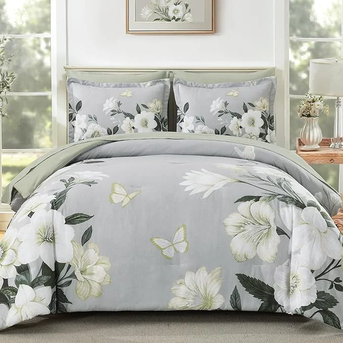 Optimized King Size Comforter Set - 7 Pieces Floral Comforter Set Elegant Sage Green Flower Bed in a Bag King Soft Microfiber Bedding Set for All Seasons Sage Green 104 quot x90 quot Safe