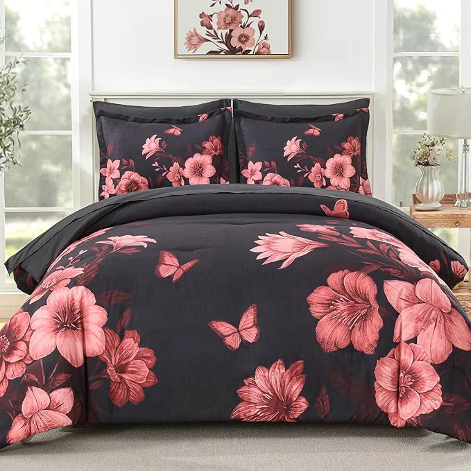 Excellent Floral King Size Comforter Set 7 Piece Black Bed in a Bag Elegant Flower Pattern Comforter Set with Sheet Soft Microfiber Complete Bedding Sets for All Season Luxury