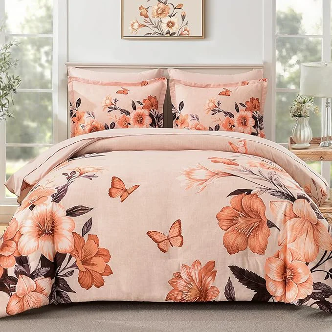 Lightweight Floral Comforter Set Queen Size 7 Piece Orange Bed in a Bag Elegant Flower Pattern Comforter Set with Sheet Soft Microfiber Complete Bedding Sets for All Season Top-Quality