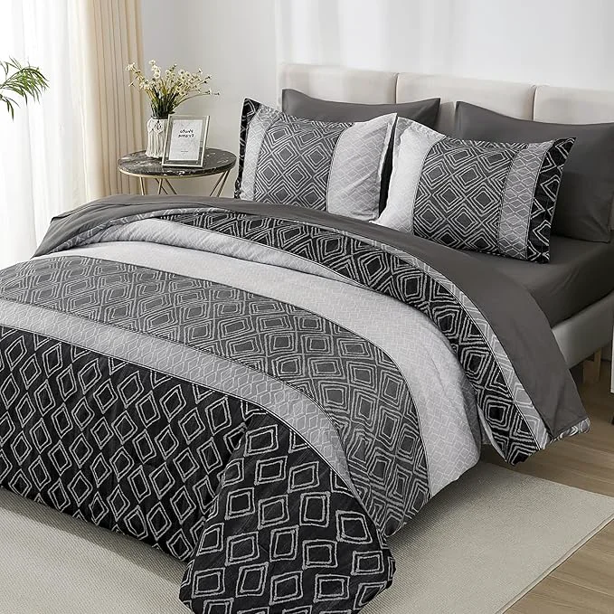 High-End California King Comforter Set Size Black Gray Striped Cali King Bed Set Fall Bedding Sets for Men 7 Pieces Boho Bed in a Bag Comforters with Sheets Dark Grey for All Season Elite