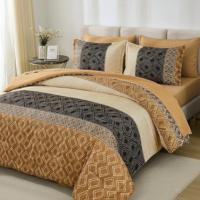 Easy-to-Use Dinjoy Brown King Size Comforter Set Striped Bed in a Bag King 7 Pieces Soft Boho Bedding Comforters Sets Microfiber Bed Complete Set with Sheets for Fall Winter World-Class