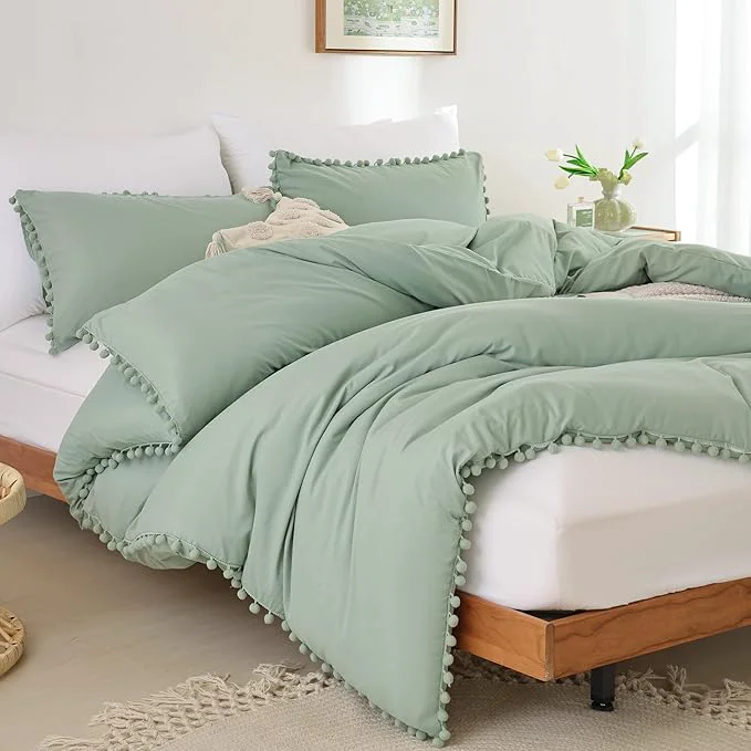 Artisan YIRDDEO King Size Comforter Set - King Size Comforter with Ball Pom Fringe Soft King Bedding Set for All Seasons - 3 Pieces 1 Comforter 104 quot x90 quot inches amp 2 Pillow Shams 20 quot x36 quot Sage Green Flexible
