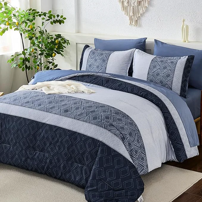 Outstanding Dinjoy Blue King Size Comforter Set Striped Boho Bed in a Bag King 7 Pieces Soft Fall Bedding Comforters Microfiber Mineral Blue Complete Sets for All Season Refined
