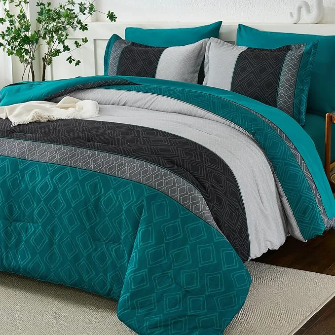 Certified Dinjoy Teal Blue King Size Comforter Set Striped Boho Bed in a Bag King 7 Pieces Soft Fall Bedding Comforters Sets wiht Sheets Microfiber Complete Bed Sets for All Season Top-Quality
