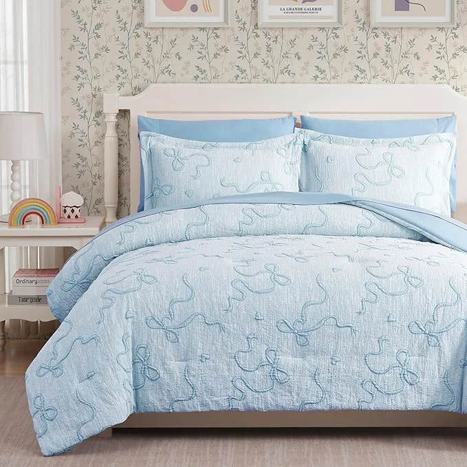 Carefully Designed Geniospin Light Blue Twin Comforter Set for Girls- 5 Pieces Bowknot Jacquard Bed in A Bag Twin Bedding Sets with Sheets Pillowcases amp Shams All Season Kids Comforter Set Fine