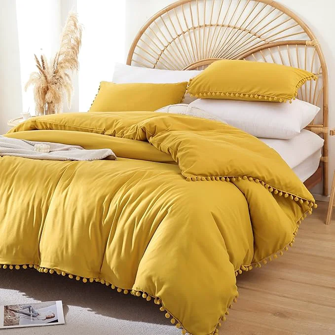 Classic YIRDDEO Queen Comforter Set - Comforter Queen Size Sets with Ball Pom Fringe Soft Bedding Set for All Seasons - 3 Pieces 1 Comforter 90 quot x90 quot amp 2 Pillow Shams 20 quot x26 quot Mustard Yellow User-Friendly