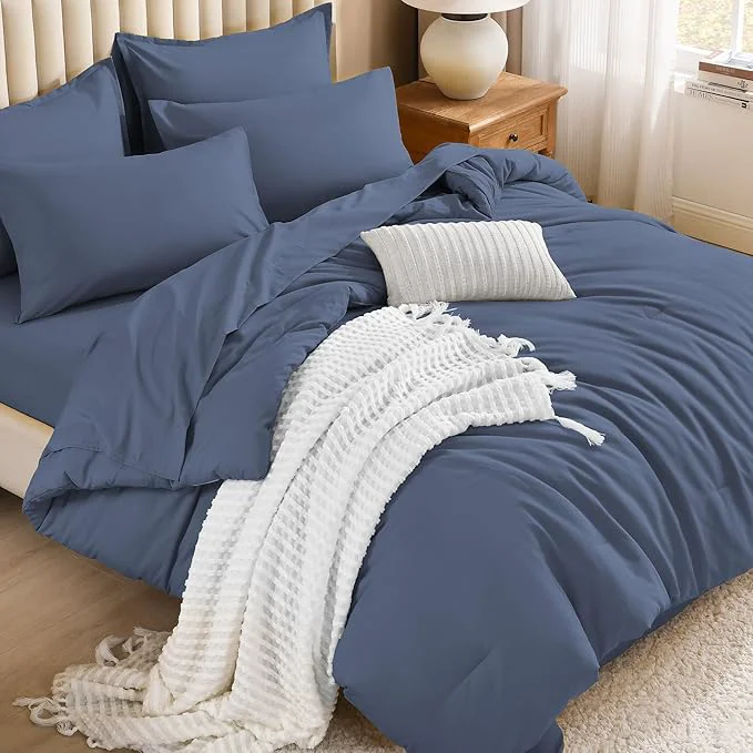 Optimized Litanika California King Comforter Set Bluish Grey - 7 Pieces Bed in a Bag Cal King Bedding Comforter Sets Plain Lightweight Bed Set with Comforter Sheets Pillowcases amp Shams Artisan