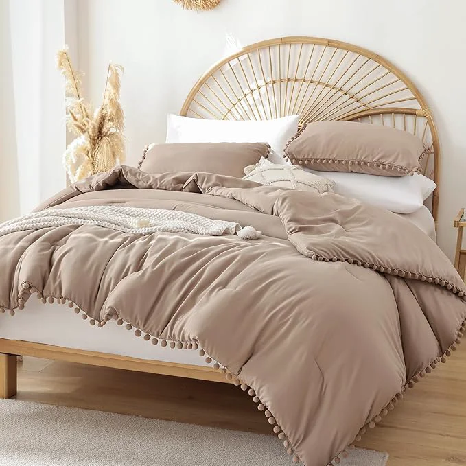 Versatile YIRDDEO King Size Comforter Set - King Size Comforter with Ball Pom Fringe Soft King Bedding Set for All Seasons - 3 Pieces 1 Comforter 104 quot x90 quot inches amp 2 Pillow Shams 20 quot x36 quot Taupe Responsible