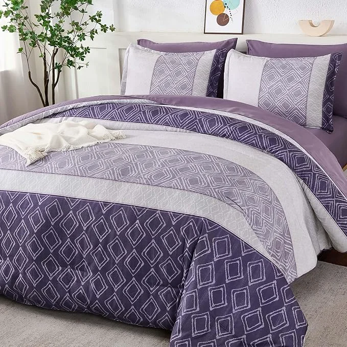 High-Quality Dinjoy Boho Queen Comforter Set Purple 7 Piece Bed in a Bag Queen Size Breathable Summer Bedding Sets Plaid Striped Comforters Bed Set with Sheets for Family All Season Sophisticated
