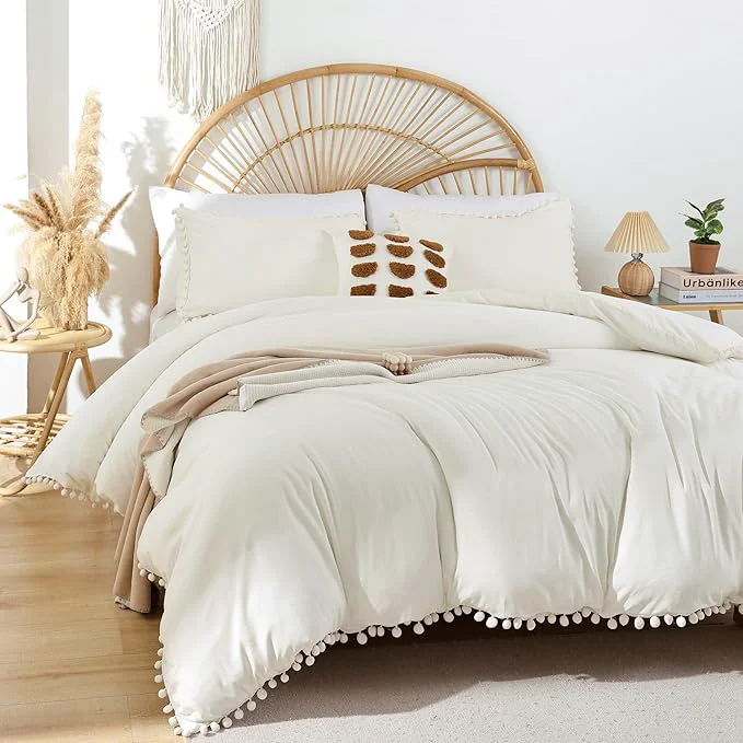 Easy-to-Use YIRDDEO Ivory Twin Ball Pom Fringe Design Comforter Set 2pcs White Comforter Boho Aesthetic Luxurious Full Bedding Set Vintage Ultra Soft Microfiber Comforter Set 1 Comforter Only 1 Pillowcase Dependable