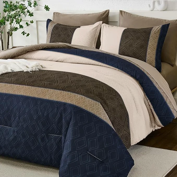 Professional Dinjoy Boho Queen Comforter Set Navy Brown 7 Piece Bed in a Bag Queen Size Warm Striped Dark Blue Bedding Sets Plaid Fall Comforters Set with Sheets for Family All Season Natural