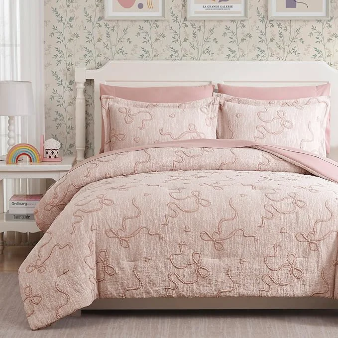 Solid Geniospin Pink Full Comforter Set for Girls- 7 Pieces Bowknot Jacquard Bed in A Bag Full Bedding Sets with Sheets Pillowcases amp Shams All Season Kids Comforter Set Crafted