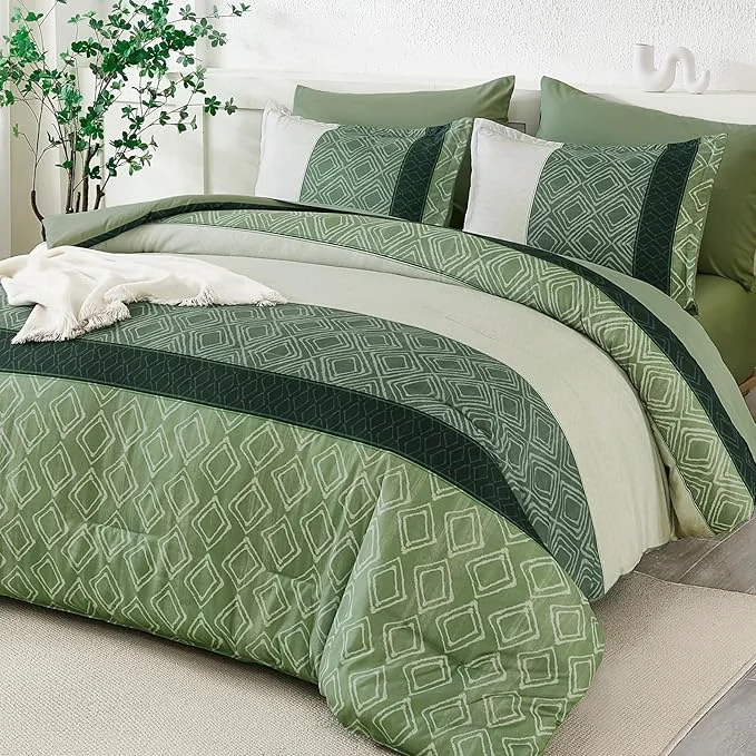 Artisan Dinjoy Queen Comforter Set Green 7 Piece Boho Bed in a Bag Queen Size Striped Fall Bedding Sets Comforters with Plaid Bed Set with Sheets for Women Family Natural