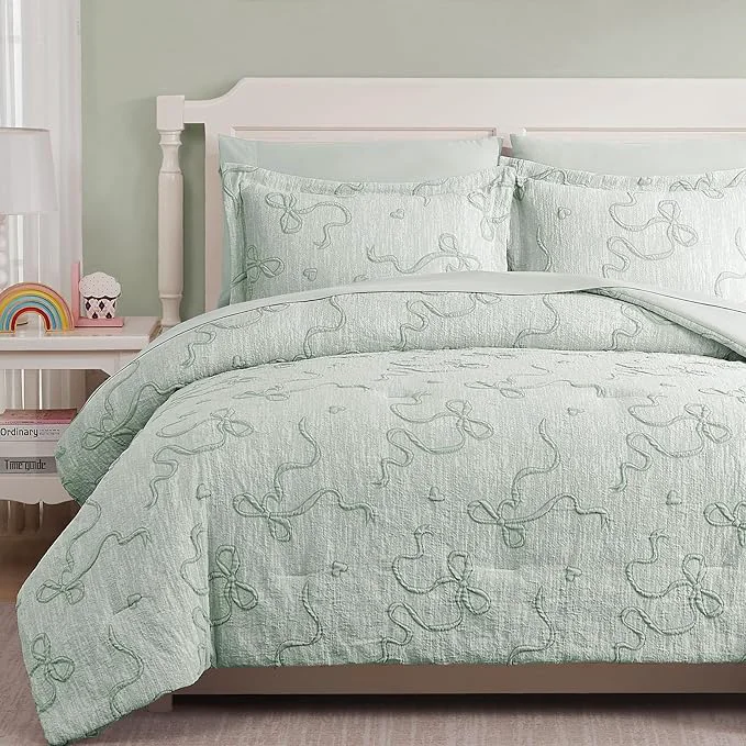 Verified Geniospin Light Green Twin Comforter Set for Girls- 5 Pieces Bowknot Jacquard Bed in A Bag Twin Bedding Sets with Sheets Pillowcases amp Shams All Season Kids Comforter Set Minimalist