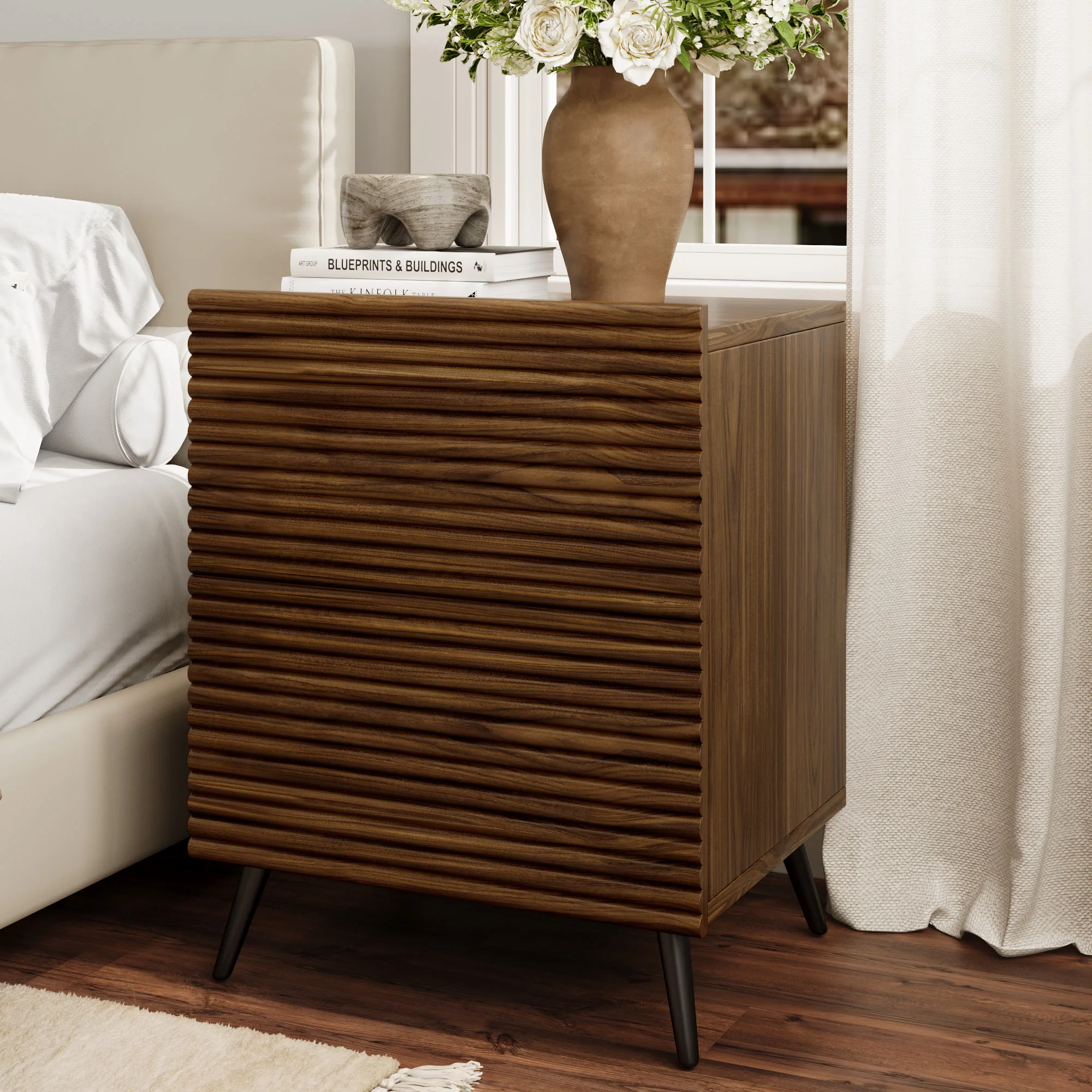 Elite Ownkoti Striped Pattern Wood Nightstand Two-piece Set Powerful