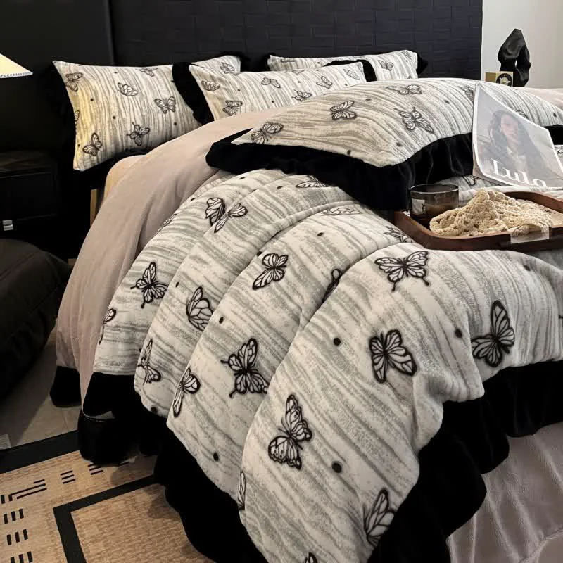 Proven Ownkoti Butterfly Ruffled Plush Bedding Set 4PCS Next-Generation
