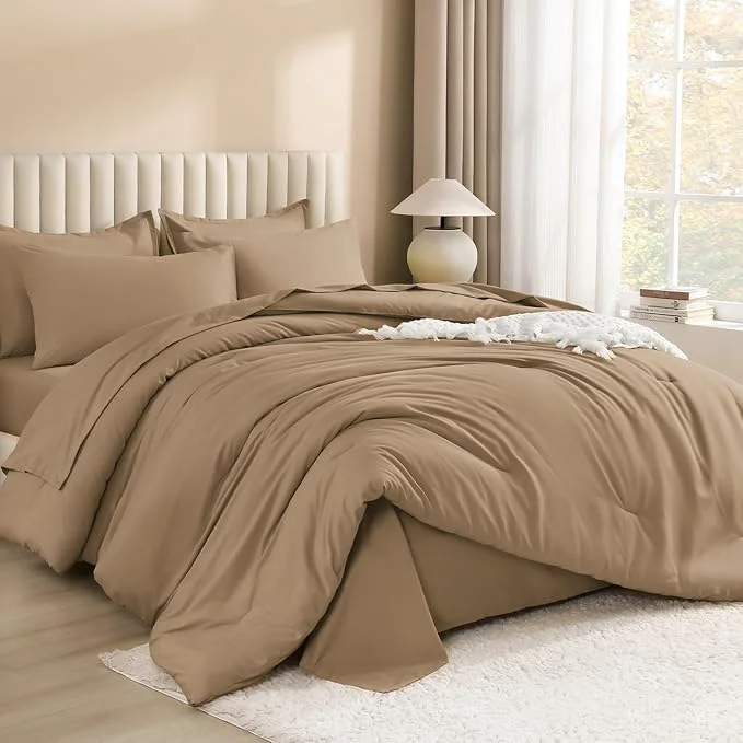 Stylish Litanika King Size Comforter Set Taupe - 7 Pieces Bed in a Bag King Bedding Comforter Sets Solid Lightweight Bed Set with Comforter Sheets Pillowcases amp Shams Certified